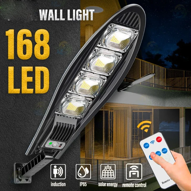 Outdoor Solar Street Lights Waterproof LED Garden Wall Lamp with Remote Control 3 Light Modes Motion Sensor for Garage And Garde