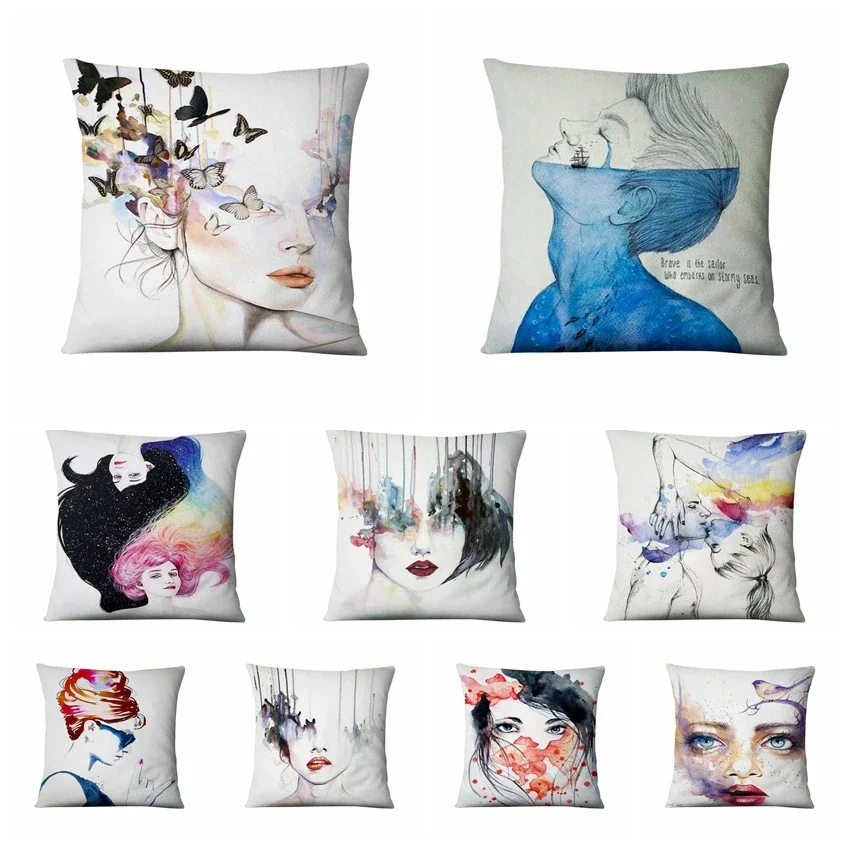 Watercolor Illustration Printed Pillowcase Art Figures Cushion Decorative Pillows Home Decor Sofa Throw Pillow 45x45cm