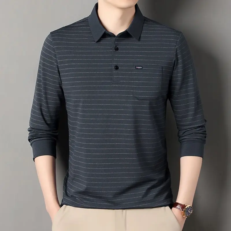 Men's Cotton Striped Polo Long Sleeve Loose Collared Top with Real Pockets