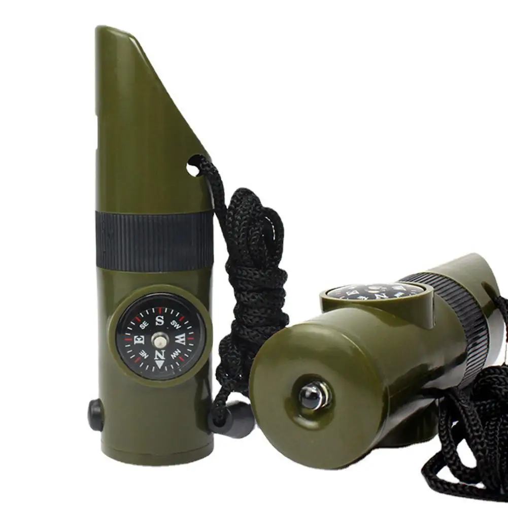 Outdoor Multi-function Survival Whistle 7 In 1 ABS High-strength Compass Thermometer Signal Mirror Magnifying Glass Flashlight