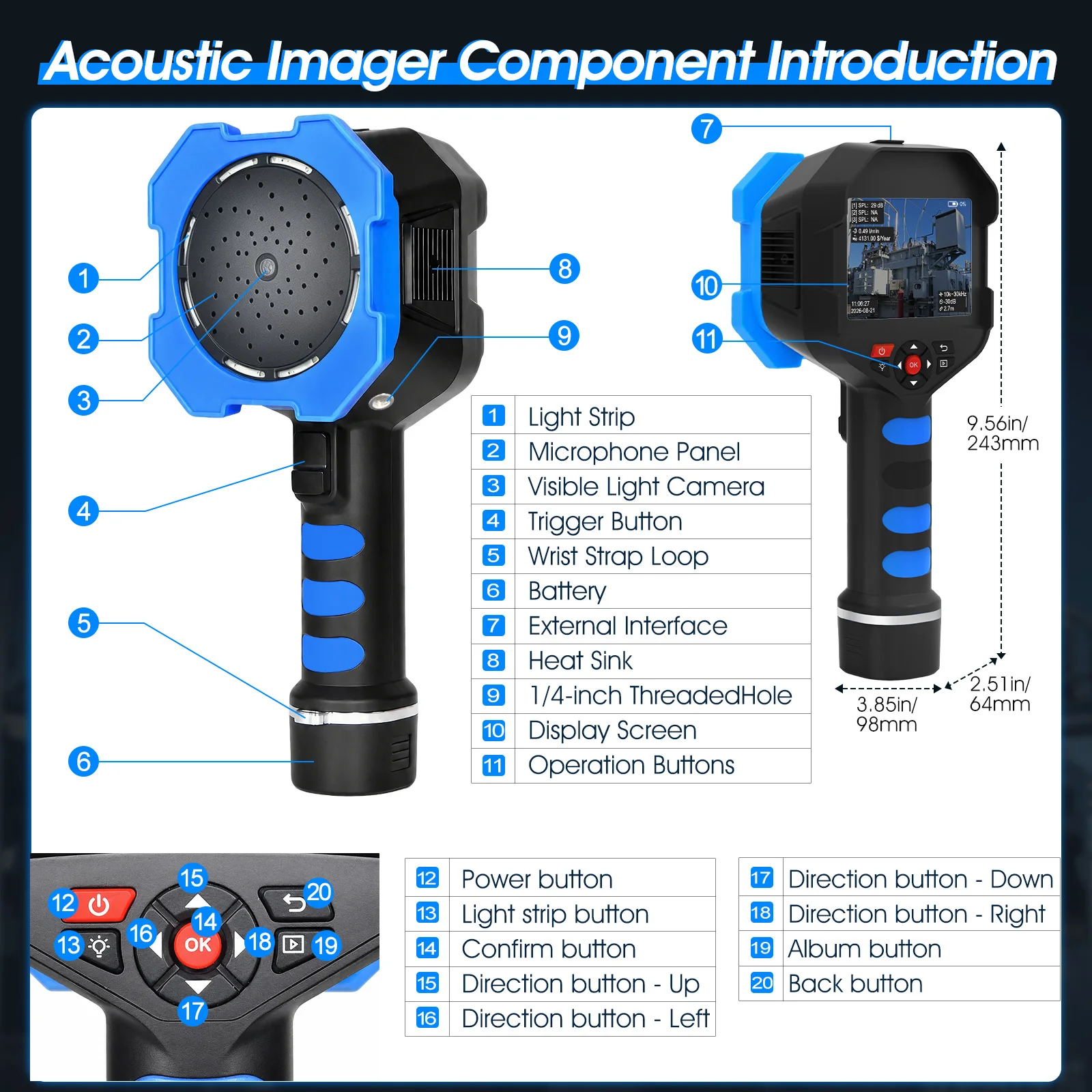 12MP Acoustic Imaging Camera - Ultrasonic Leak Detector HP-956D 64-channel MEMS Microphone Array,2-100kHz Range for Compressed