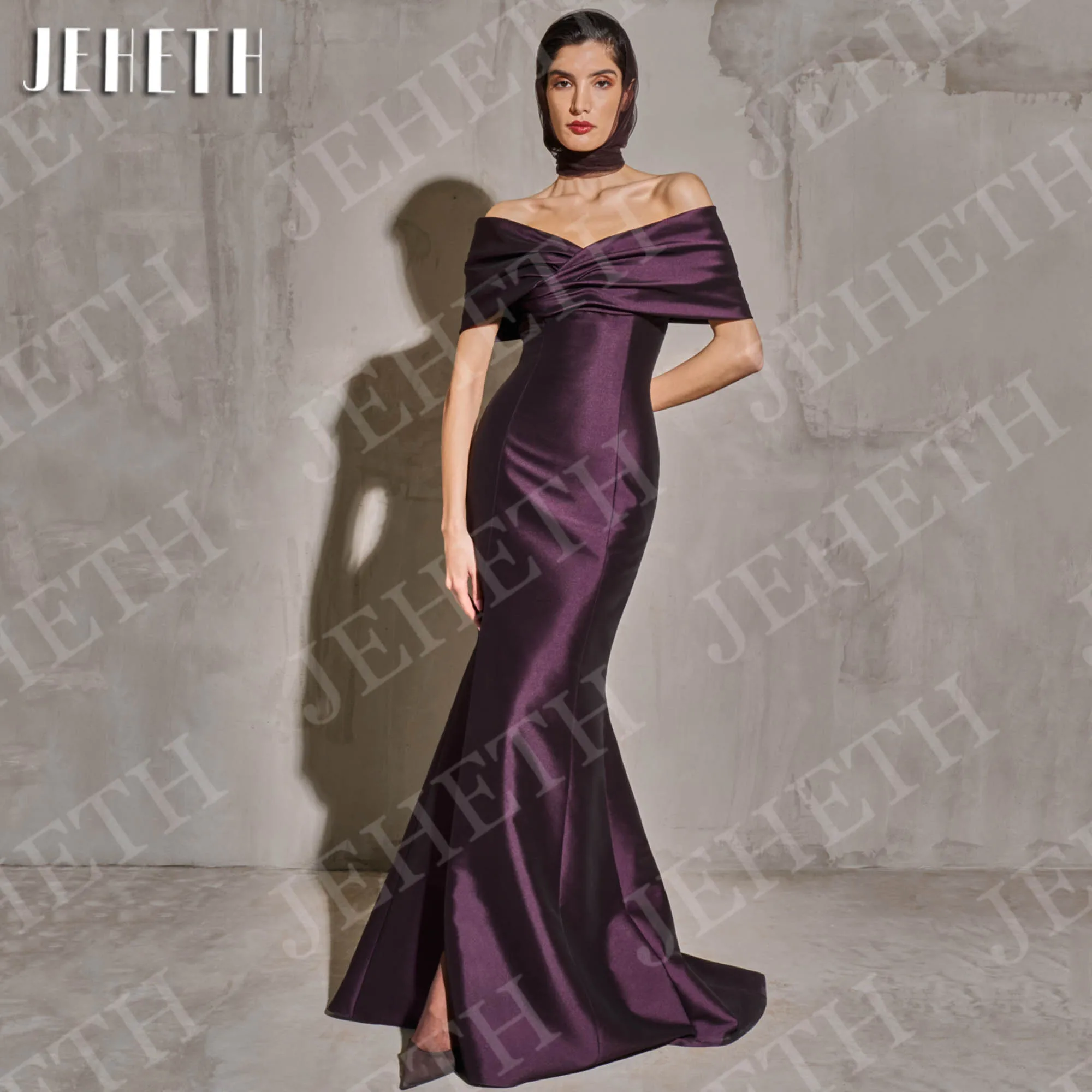 

JEHETH Off Shoulder Mermaid Evening Dresses with Slit Woman Modern Purple Satin Long Party Prom Dress Customized robes de soirée