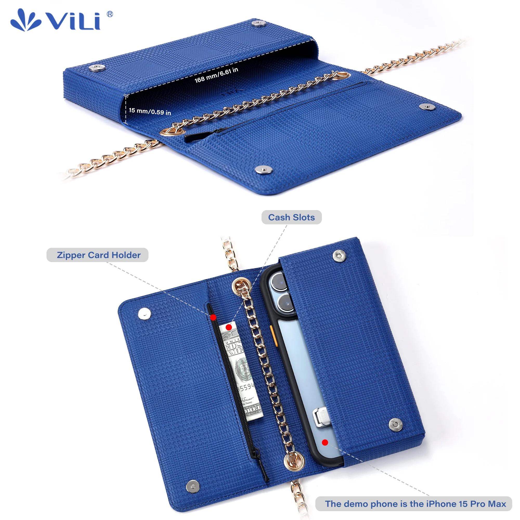 ViLi Mobile Phone Bag for iPhone 16 15 14 13 Pro Max, Sling Bag, Card Bag, Zipper Crossbody phone case, Card Holder Wallet