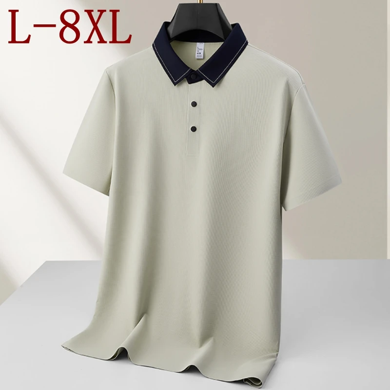 Camisa Polo Masculina de Luxo em Seda Gelada 2026 Nova Coleção Verão - Tamanhos 6XL, 7XL, 8XL - Camisa Social Masculina de Lapela Solta para Negócios