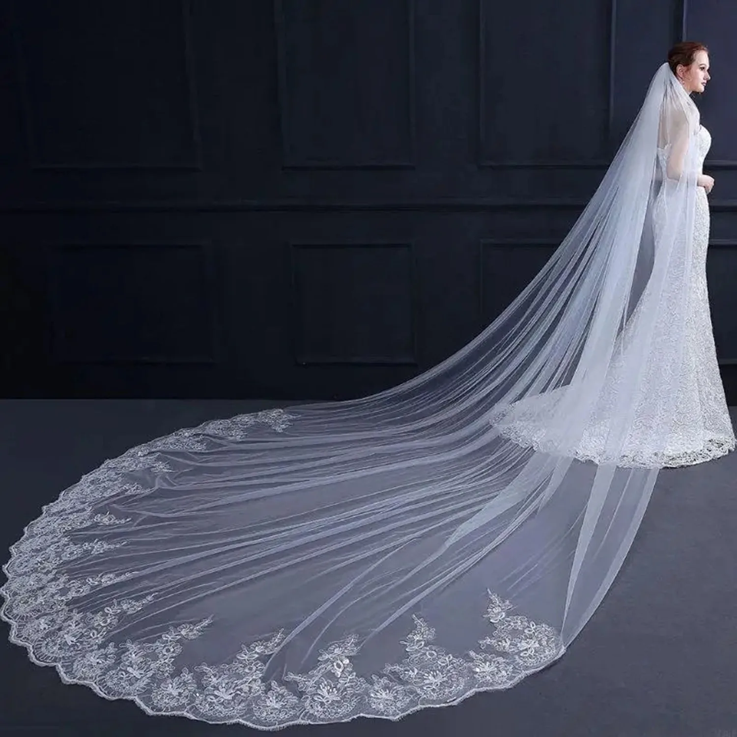 White Long Bridal Veil European American Style Lace Trim Extra Long Wedding Photo Veil Wedding Accessory Bride Wedding