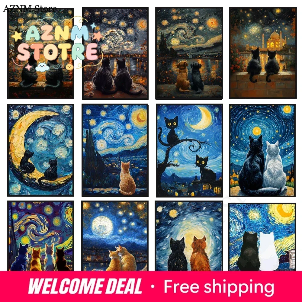 Famous Master Van Gogh Art Poster, Van Gogh Starry Sky and Cat Canvas Art Printing, Used for Room Wall Decoration, Frameless