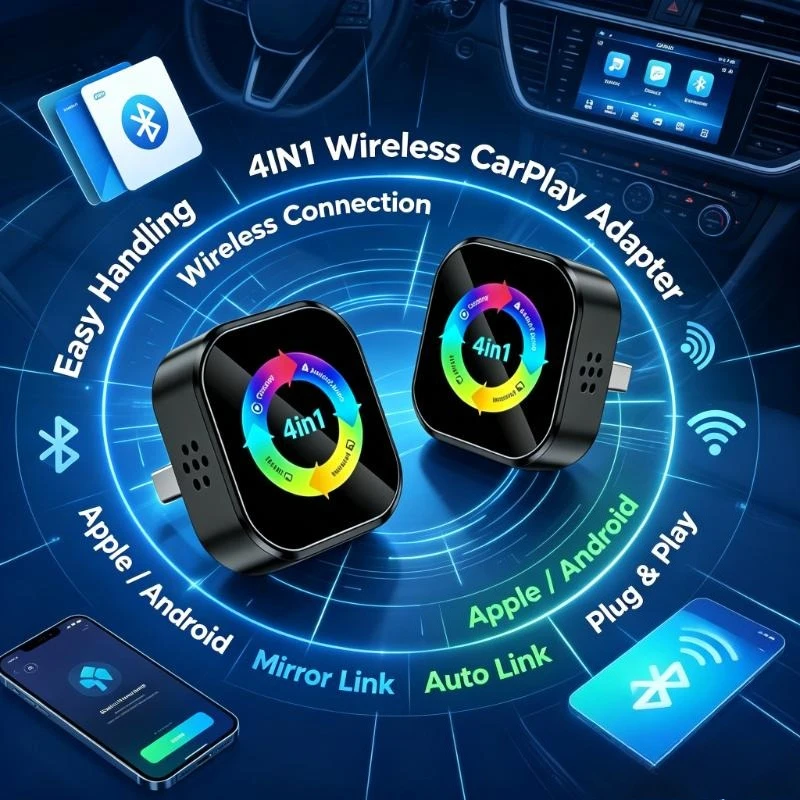 Simple Operate 4IN1 Wireless CarPlay Adapter 2026 New Apple Android Mirror Link Auto Link Car Media Fitting