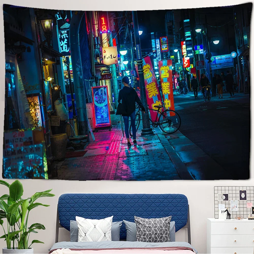 Japan City Night Scene Tapestry Cyberpunks Future Steam City Tapestry Wall Hanging Psychedelic Hippie Home Bedroom Decorations