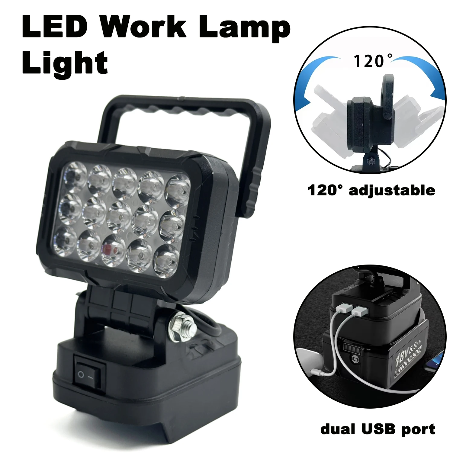 Portable LED work light Compatible with Makita 18 V LXT series Li-ion batteries LED Work Lamp Light with dual USB port