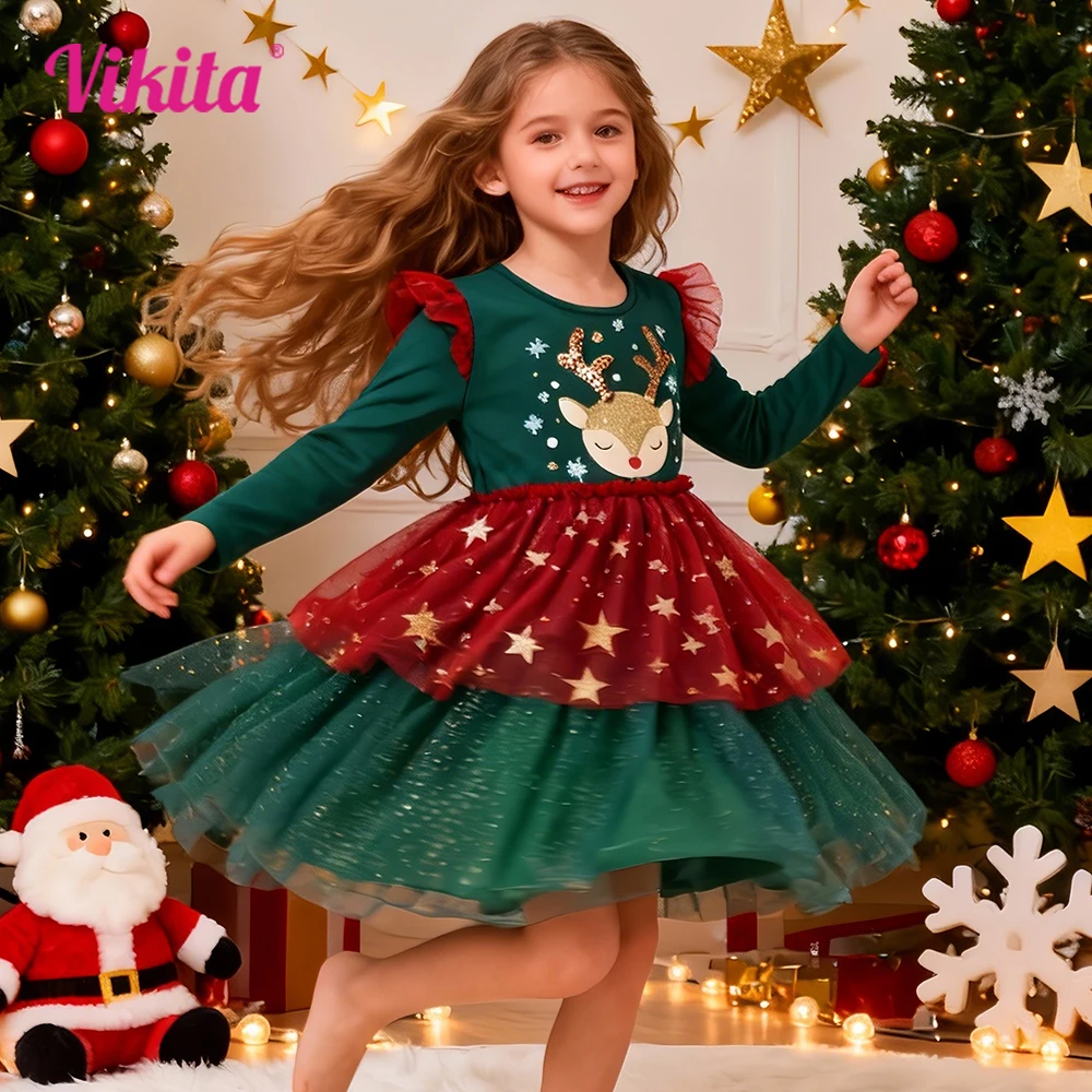 VIKITA Girls Festival Christmas Holiday Dress Gift Kids Sparkly Reindeer Flare Sleeve Dresses Kids Red Green Tulle Layered Tutu