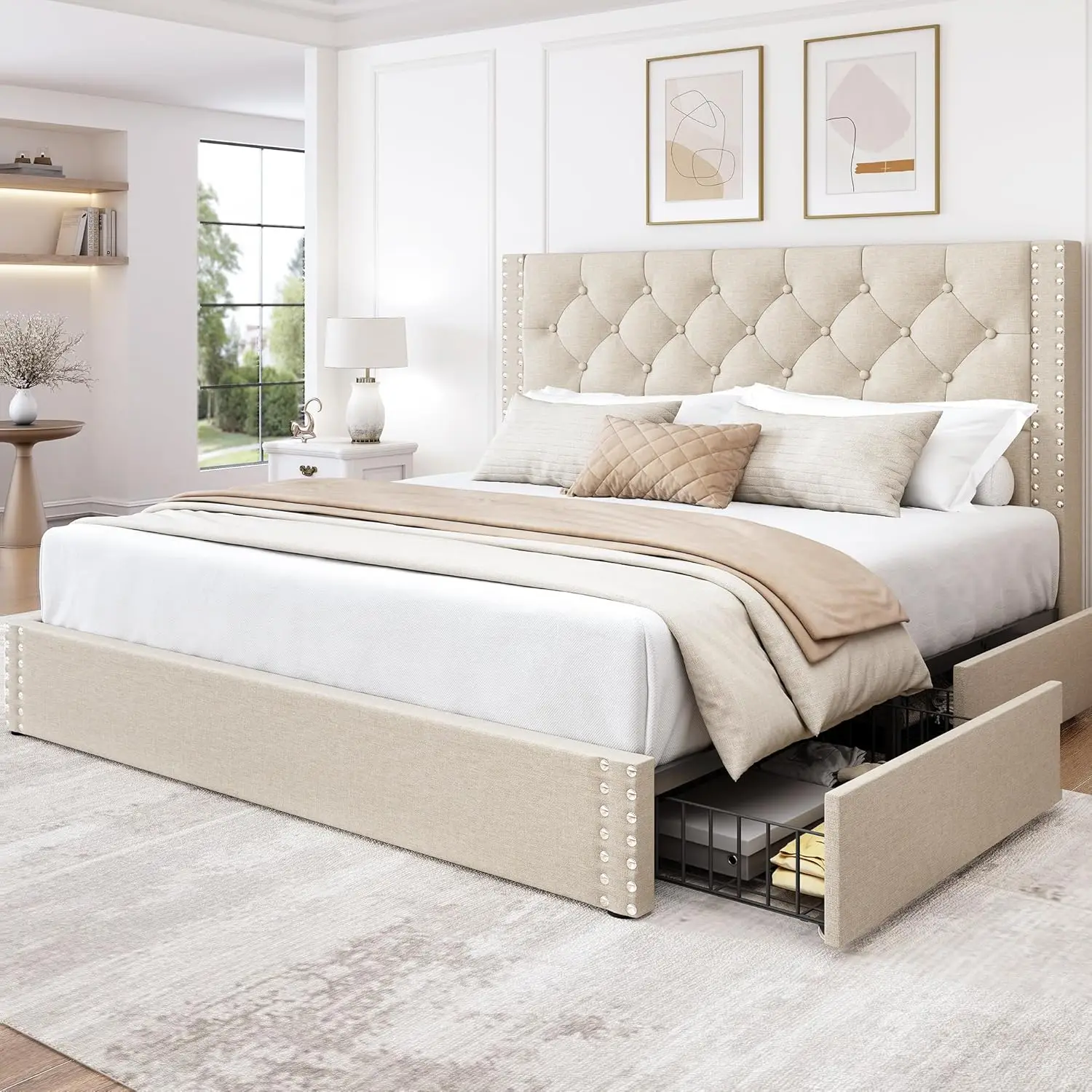 Queen Queen Upholstered Platform Bed with 4 Storage Drawers & Tufted Headboard, Wood Slats, No Box Spring, Easy Assembly, Customized - Aliexpress Deal
