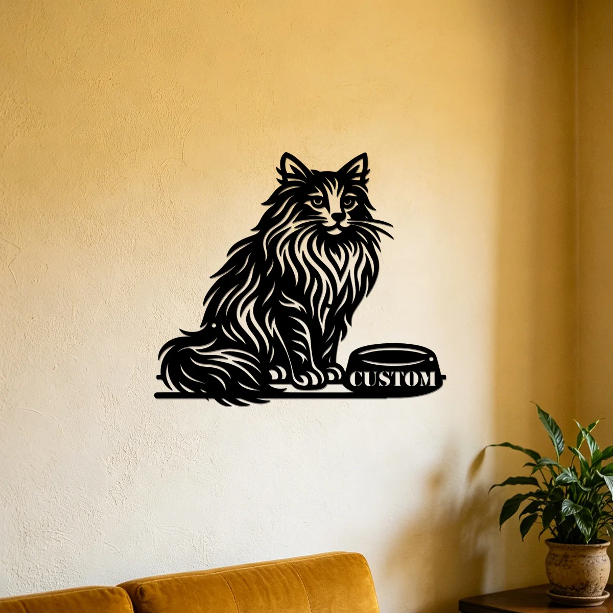 Personalized Cat Metal Wall Sign,Custom Name Long-Haired Cat Wall Art,Fluffy Cat Sitting Wall Plaque,Cat Lover Home Decor Gift