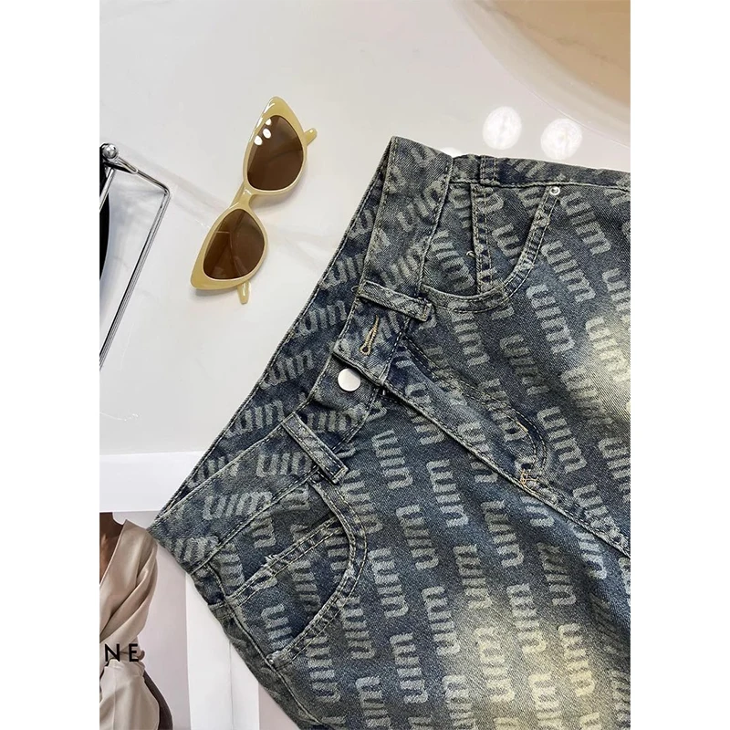 ヴィンテージレタープリントシンプルオフィスレディデニムショートパンツ女性の夏のファッションハイウエストワイドレッグトレンドオールマッチホットパンツ