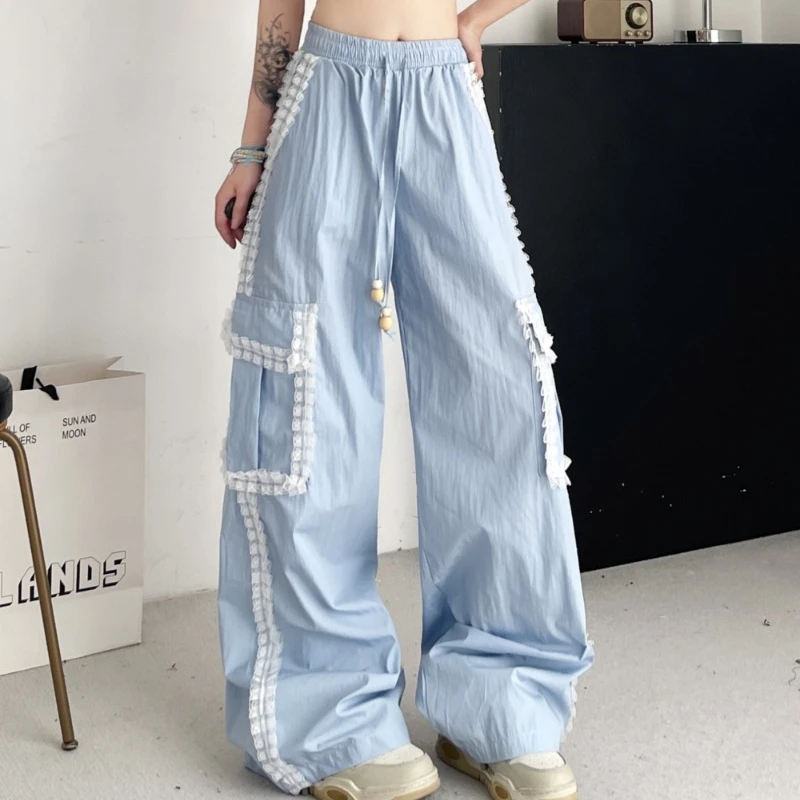 Lace Splicing Casual Pants Women's Summer Versatile Loose Wide-legged Full Length Drawstring Pants Fashion Sweet Trousers Female