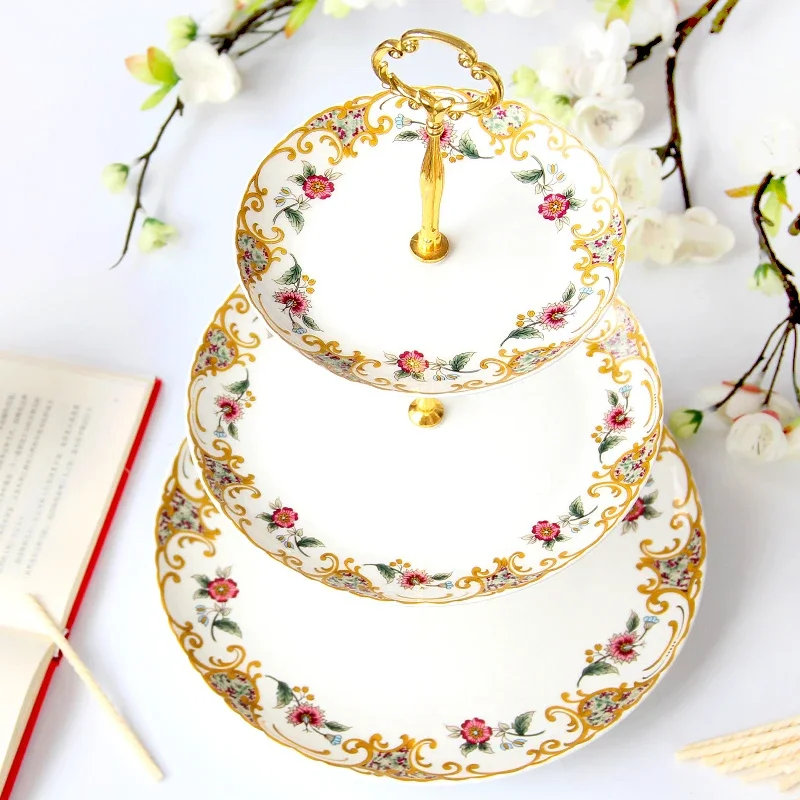 6+8+10inch, fine bone china floral cake stand, nordic ceramic, fruit plate, dish set, for buffet plate gold plates