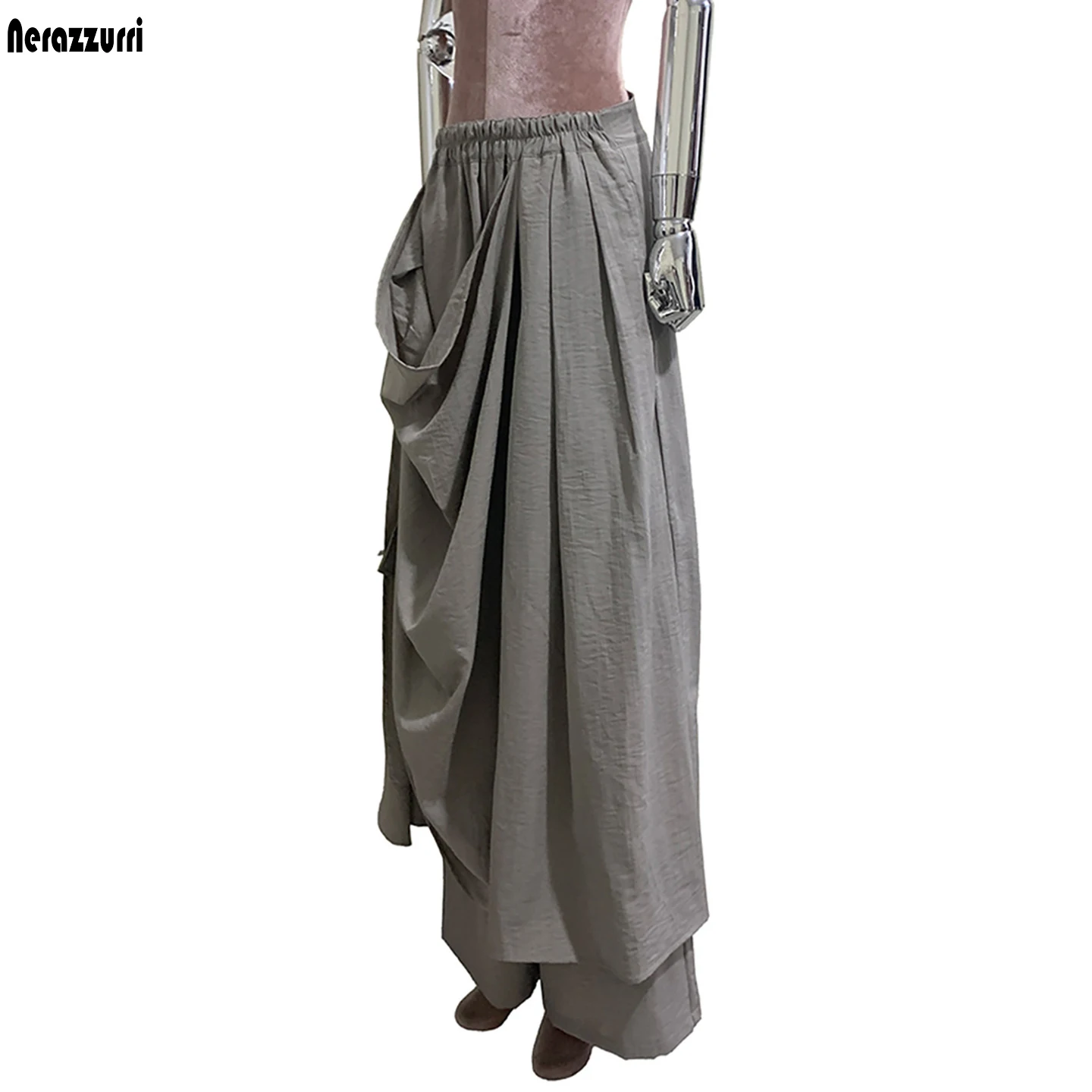 Nerazzurri Autumn Flowy Baggy Black Flowy Soft Double-layer Asymmetrical Wide Leg Pants Women Alt Fake 2 Piece Clothing 2026