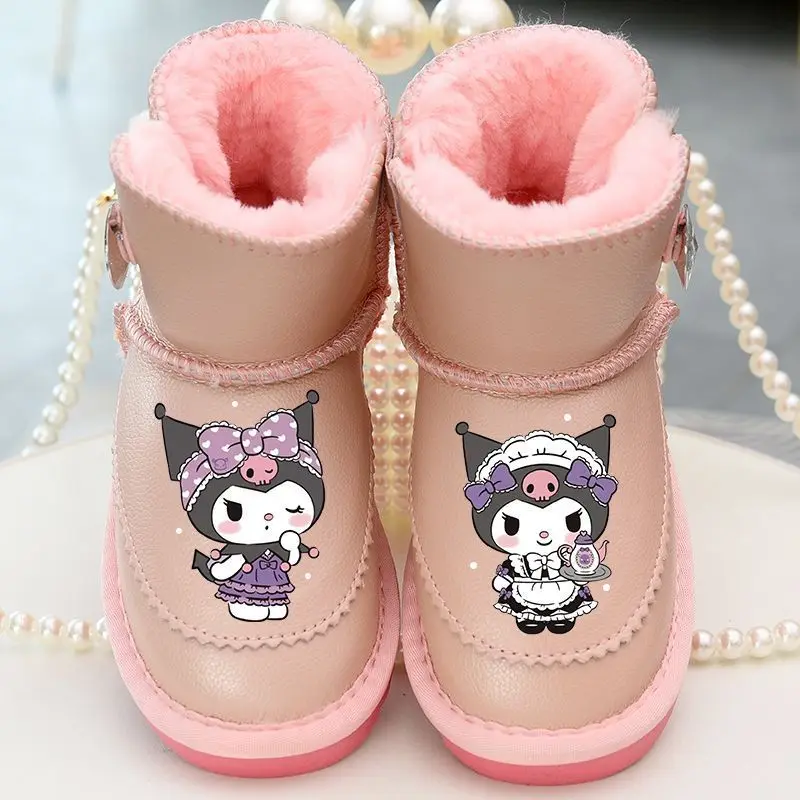Kuromi Anime Kawaii Sanrio botas de nieve de cuero para niñas lindas niños impermeables cálidos zapatos gruesos de algodón regalos Juguetes