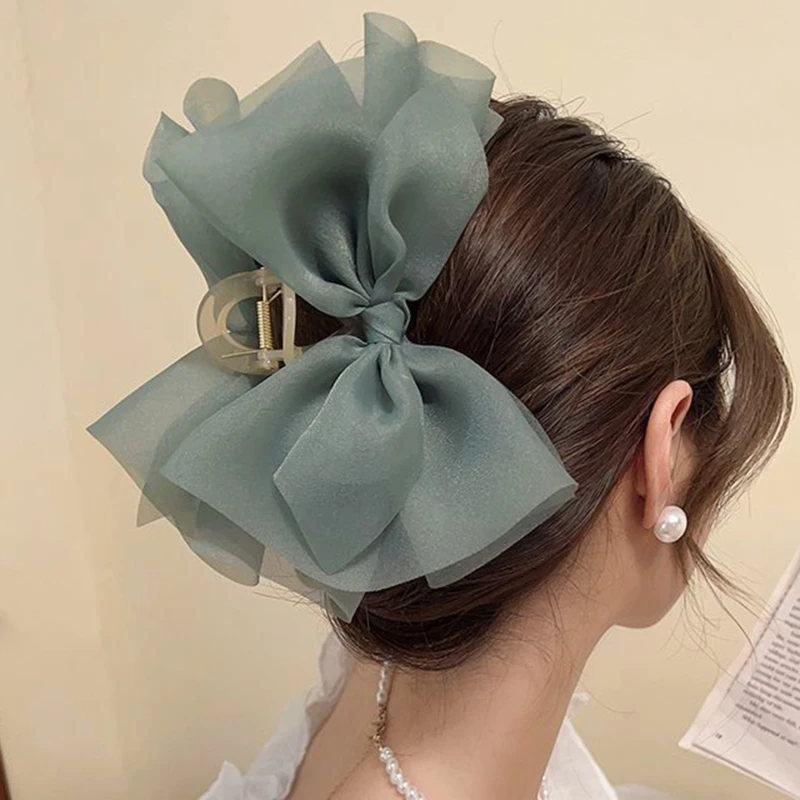 Mesh Bow Grab Clip Large Hair Clip Women\'s Hair Top Clip Silk Hair Bows Clip Hairpin Girl Headwear Hair Accessory Christmas Gift