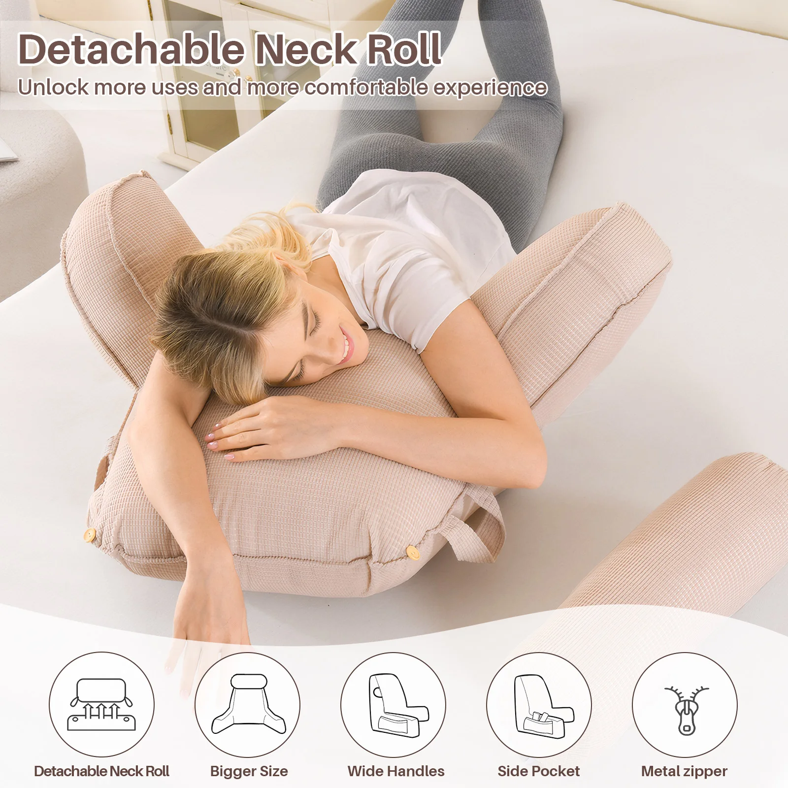 Lesekissen für Bett und Sofa mit abnehmbarem Bezug - Rückenkissen fürs Bett - Memory-Schaum-Lesekissen mit Armlehne, ideal zum Lesen, Fernsehen, Entspannen oder als Rückenstütze – Detail 18
