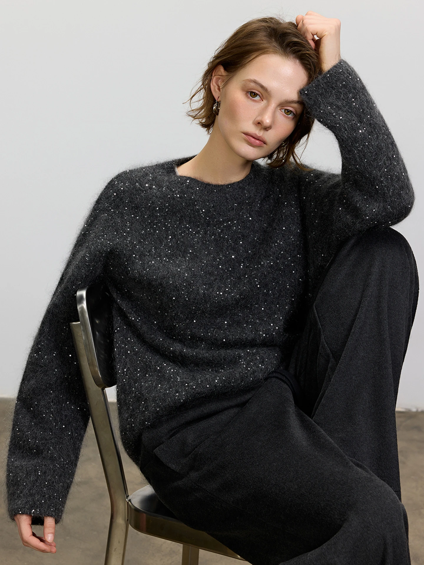 

Женский вязаный свитер LUR с блестками, свободный крой, круглый вырез, зимний, новый, в стиле Lazy Fashion, теплый, с длинными рукавами