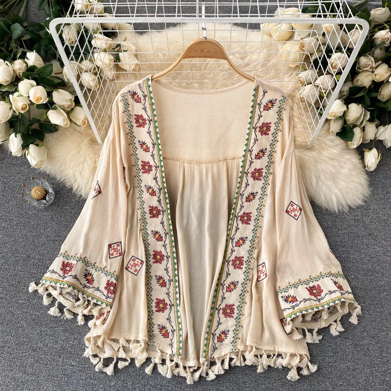 Bohemian Zonnebrandcrème Vest Jas Zomer Strand Vakantie Vintage Flare Lange Mouwen Geborduurd Losse Kwastje Sjaal Femal Top