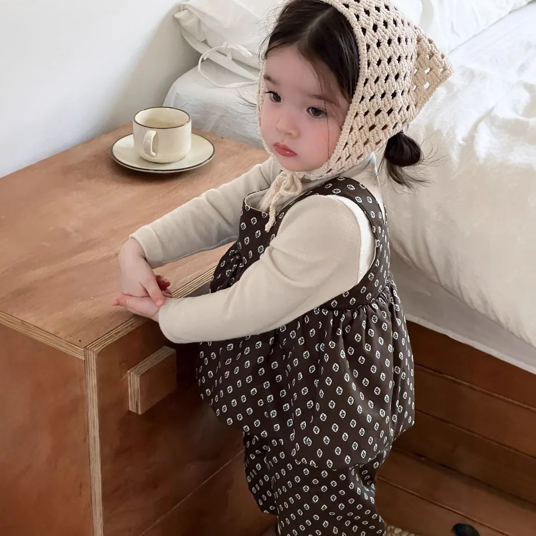 Baby Girl Fashion Cotton Set Girls Winter Thick Suspender Top Patchwork Pant Set Versatile Two Piece Set