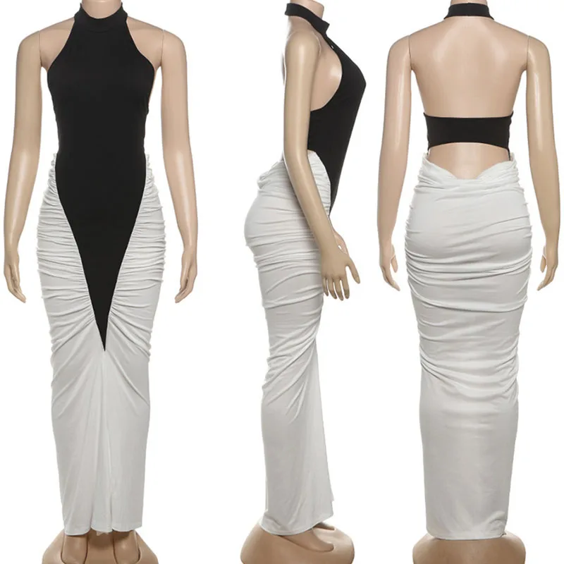 Sexy halter sem costas festa de aniversário vestido mulher noite elegante sem mangas retalhos ruched split night club baile vestidos longos