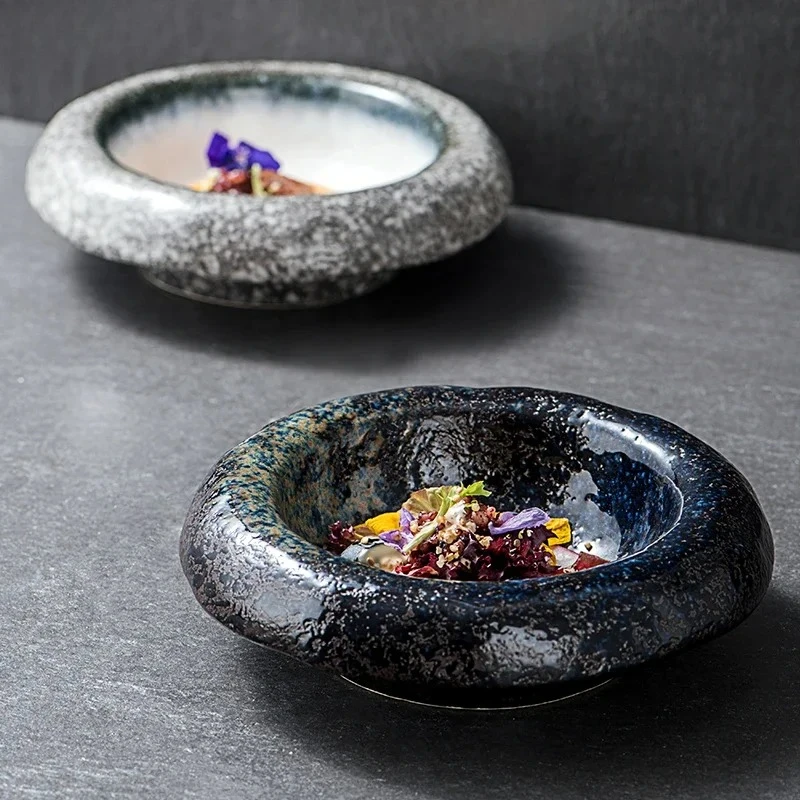 Japanese Kiln Changes Ceramic Plate Dessert Dish Sushi Sashimi Plate Retro Salad Bowl Italian Noodle Plate Specialty Tableware