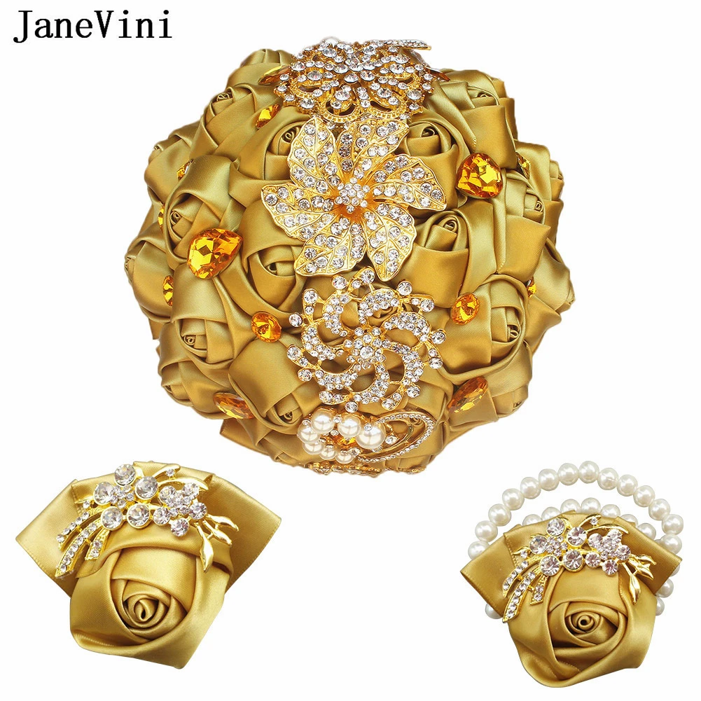 Janevini Luxe Gouden Bruidsboeket Boutonniere Polsbloem 3 Stuks Set Steentjes Kristallen Satijn Bruidsboeketten Flores Novia