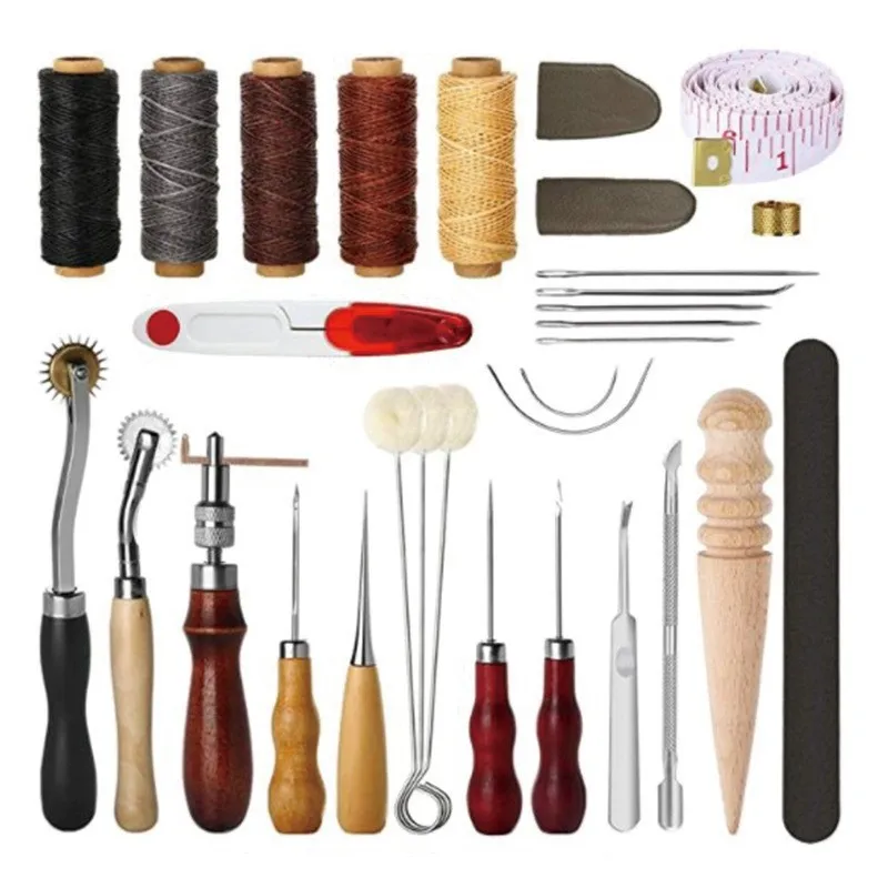 Professional Leather Craft Tool Kit Hand Sewing Repair Kit Wax Thread Stitching Punch Carving Work Groover DIY Tool Set