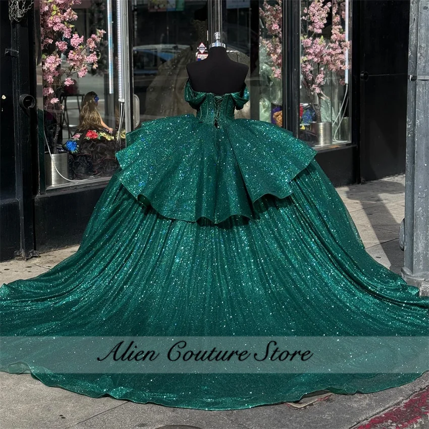 Glitter Emerald Green Diamonds Quinceanera Dresses Princess Pearls Corset Applique Vestidos 15 Quinceañera Lace-up Customized