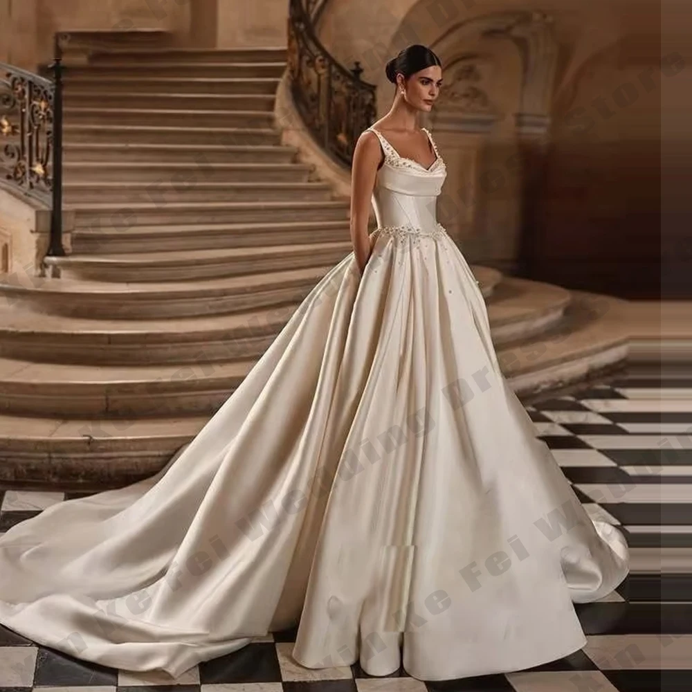 فساتين زفاف رائعة للنساء لؤلؤ على شكل حرف a أشرطة سباغيتي فستان العروس بدون ظهر فساتين العروس زي العرائس فساتين مخصصة