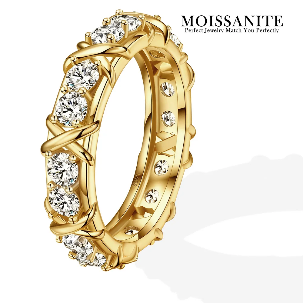 

1.6ctw 925 Sterling Silver Gold Plated Moissanite Cross Ring Luxury Shiny Eternal Band Hot Fashion Jewelry Accessory