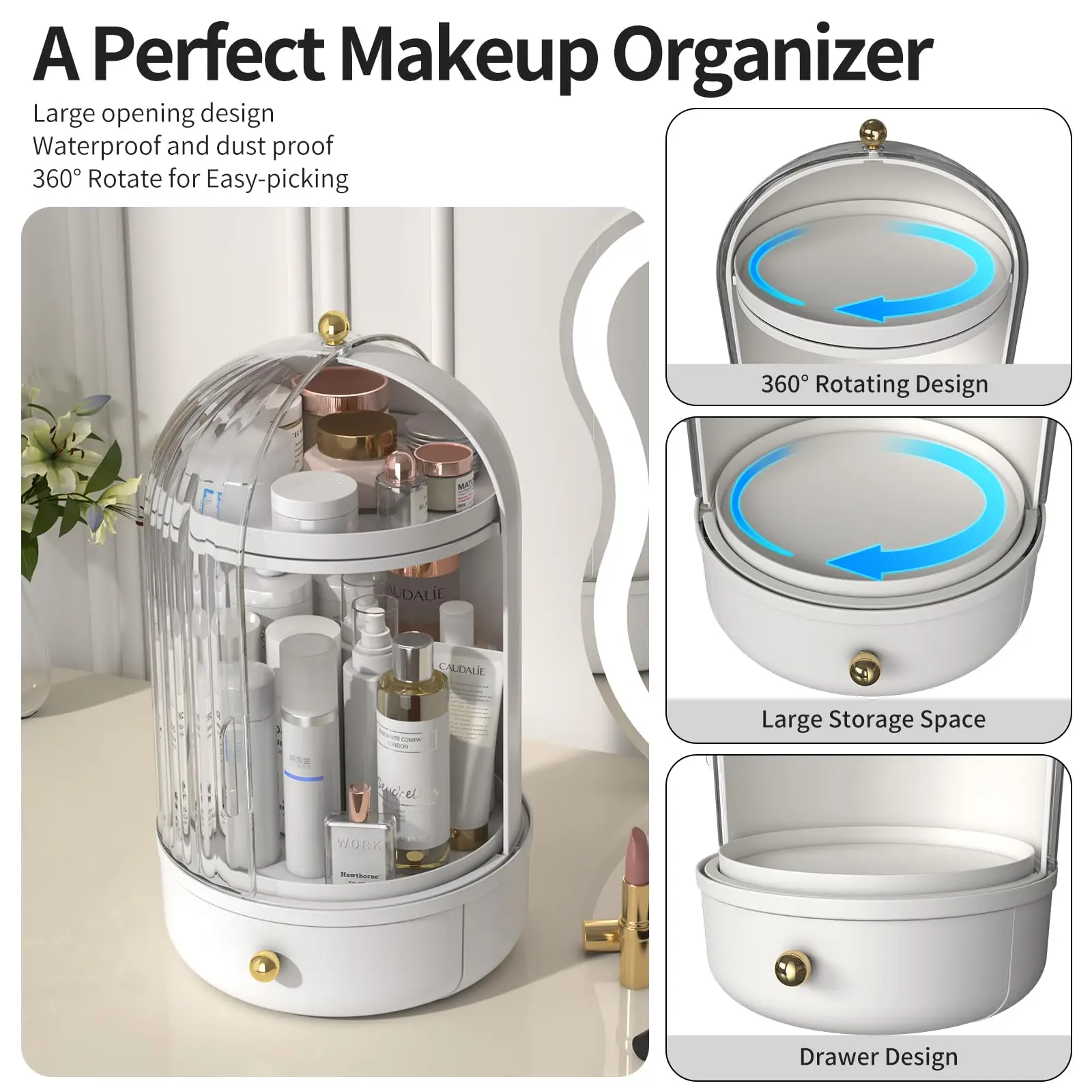 Skincare Organizers with Lids 360° Rotating Makeup Storage Drawer Cosmetic Display Countertop Cosmetics Skincare Lipstick Holder