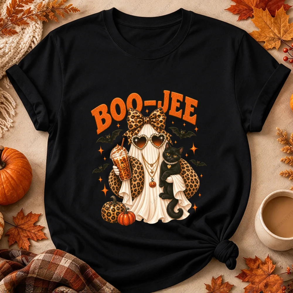 Boo Jee Leopard Bow Ghost Black Cat Coffee Graphic Women Short Sleeve T-Shirt Funny Spooky Boujee Halloween Couples Gift Tops