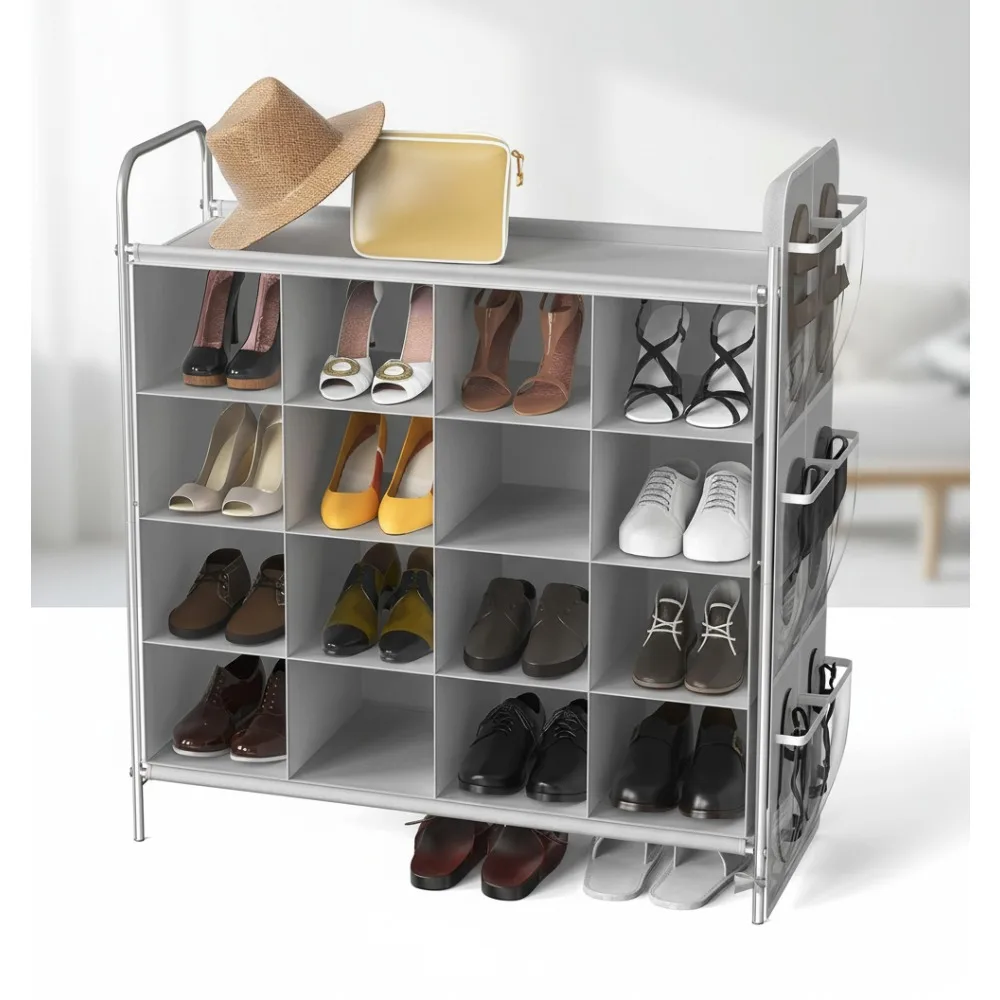 

4-Tier 16 Cube Shoe Rack Organizer with Storage Pockets, Gray - Space-Saving Entryway & Closet Solution
