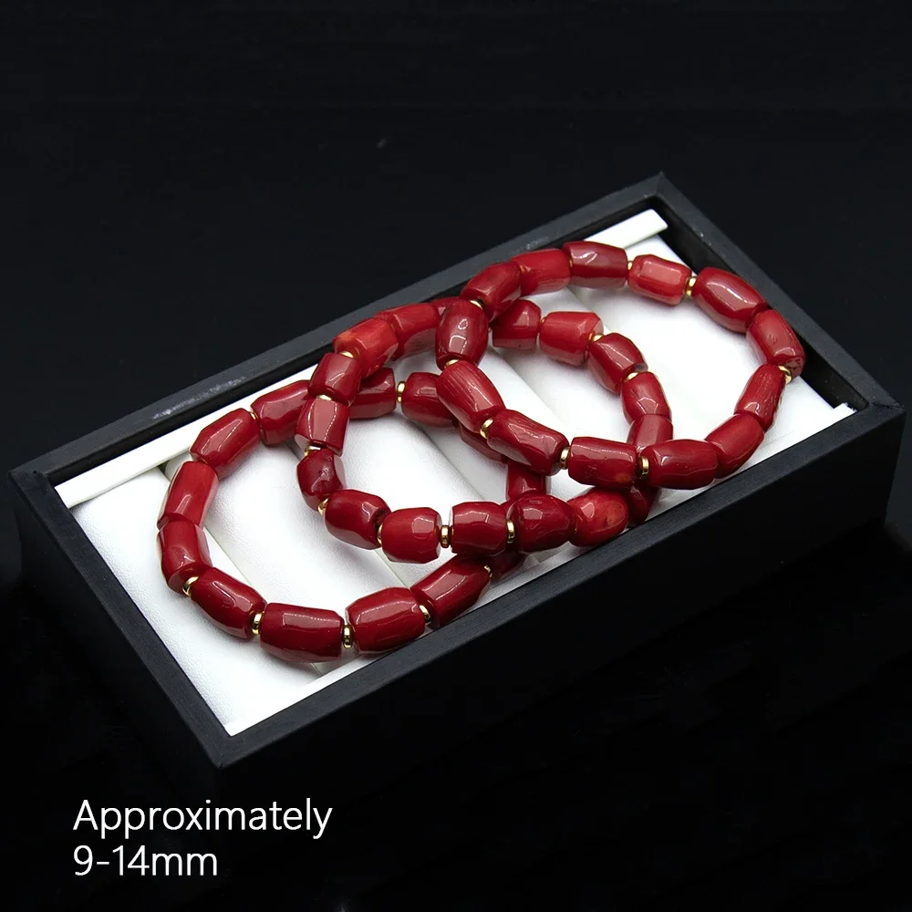 1 حبلا المرجان سوار 9-14 مللي متر أسطواني الشكل المرجان الطبيعي الأحمر اللون الخرز مع خزر عازل الذهبي الرجال والنساء عيد ميلاد #6
