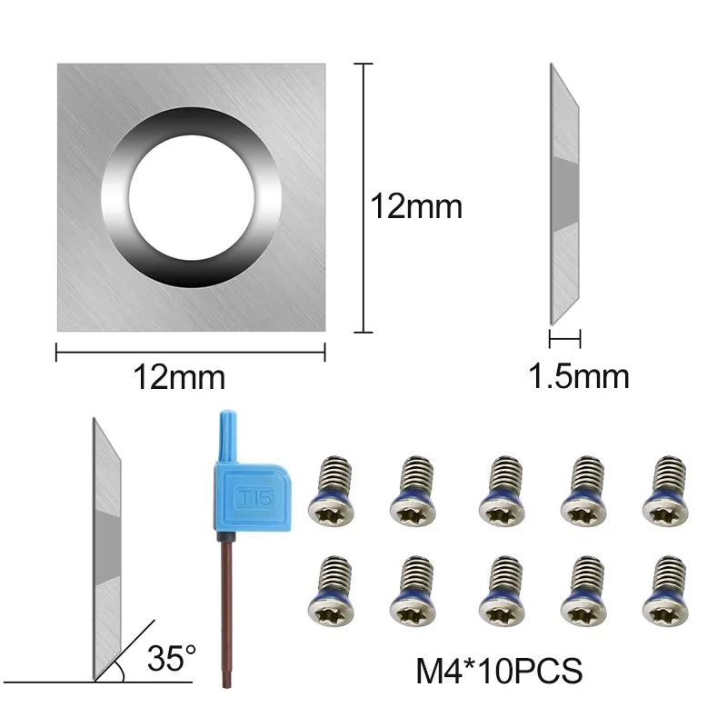 XCAN Carbide Insert 12mm 10pcs 12x12x1.5mm 35D Square Corners Insert Blade for Wood Lathe Turning Tool Helical Planer Cutter 