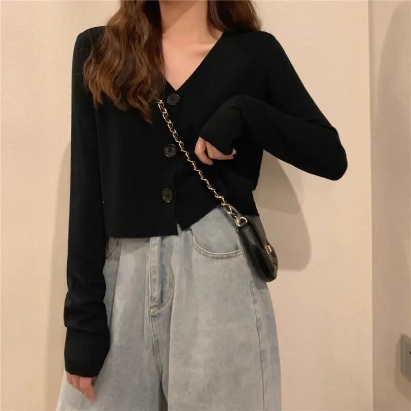 Button Pullover Long Sleeve Sweater Women V Neck Short Top Ladies Autumn Winter Clothes Slim Streetwear Solid Knitted Cardigan