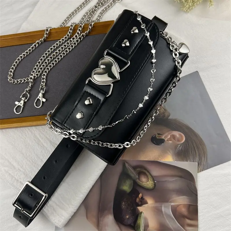 Motorcycle Punk Style Y2k GirlsChain Waist Pack Women Small Square Leg Belt Crossbody Bag Mobile Phone Purse PU Fanny Pack Pouch