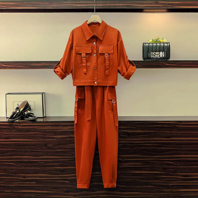 

Women Suits Large Size Autumn Spring Korean Lady Office Lady Turn-down Collar Elastic Waist Full Length Coat 2 Pic Set All-match