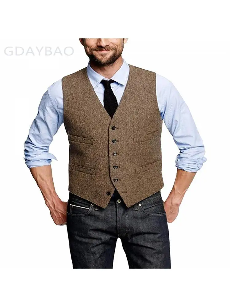 

Mens Suit Vest Brown Wedding Wool Herringbone Tweed Business Waistcoat Jacket Casual Slim Fit Vests For Groosmen Man Wedding