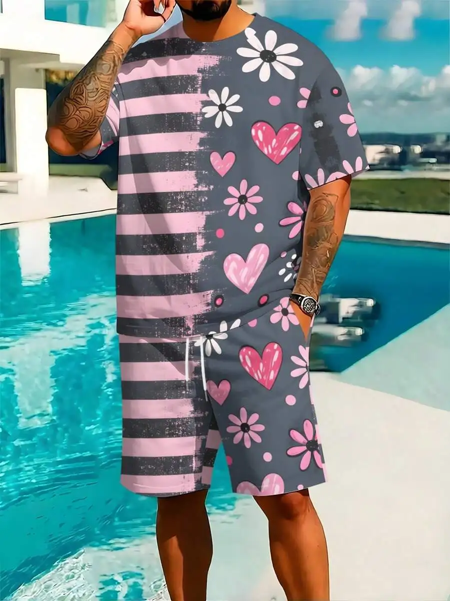 

Mens Casual Beach Shorts Set Pink Gray Striped Heart Flower Print Drawstring Polyester Lightweight