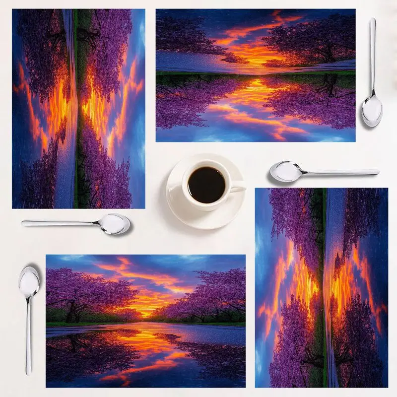 

4-piece placemat set, vibrant sunset landscape, rectangular home decor, easy to clean, perfect for dining and celebrations.