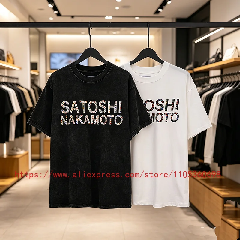 Summer New Collection Satoshi Men's T-Shirt Two Tone Vintage Wash Multicolor Dot Letter Cotton Daily Casual Tee Top