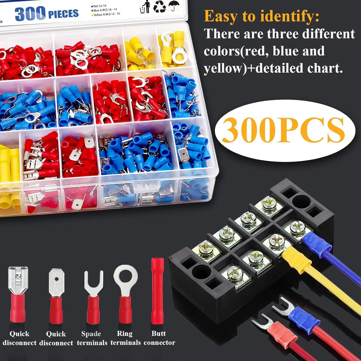 300 قطعة من الموصلات الكهربائية ذات الأسلاك المعزولة - المؤخرة، الدائري، المجرف، قطع الاتصال السريع - مجموعة متنوعة من موصلات أطراف التجعيد #2