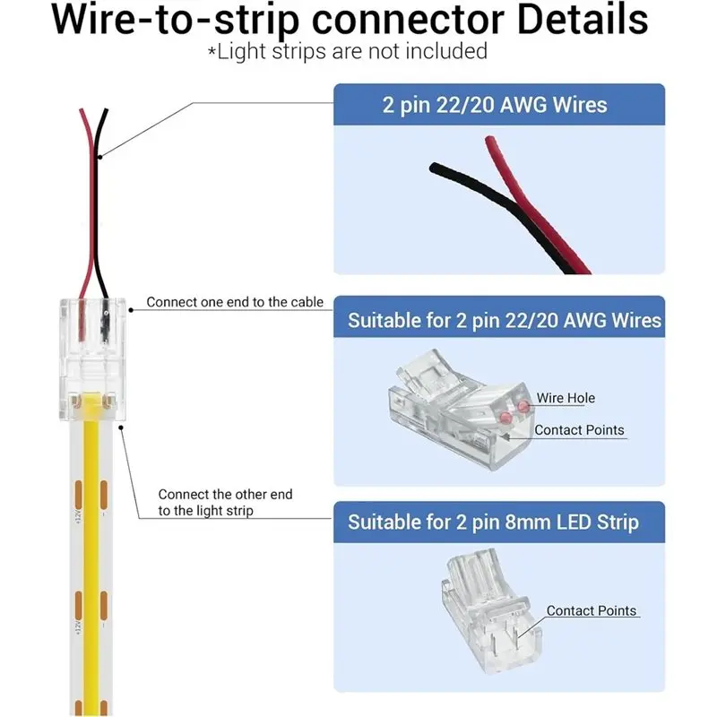 AS60-LED Connectors For COB For 8Mm 2 Pin Strip Lights, 20-Pack, Includes Extension Cables For 5V, 12V, 24V LED Tape