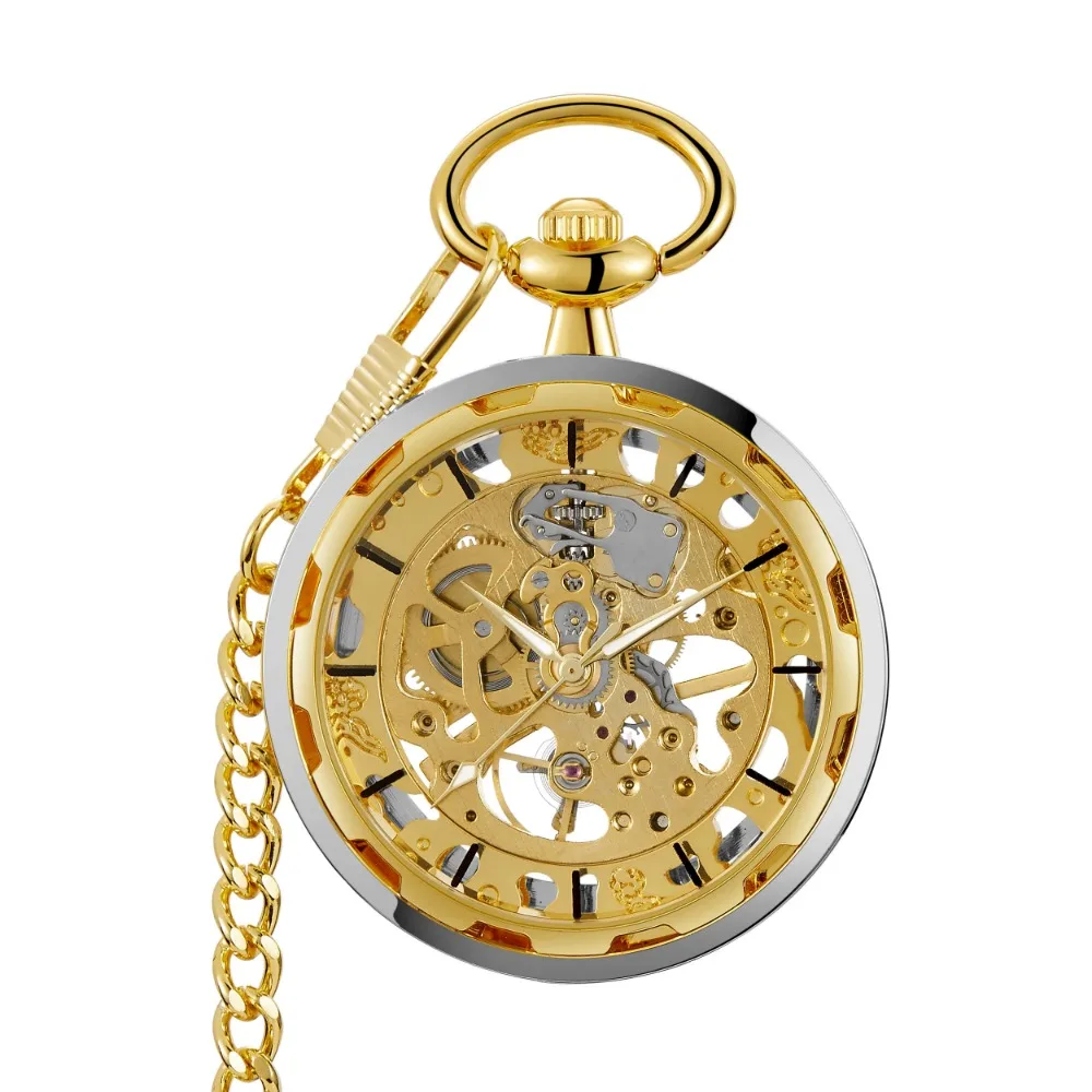 Steampunk Vintage Fob Watch Necklace Pendant Golden Mechanical Pocket Watch With FOB Chain Hollow Retro Men Pocket Male Clock