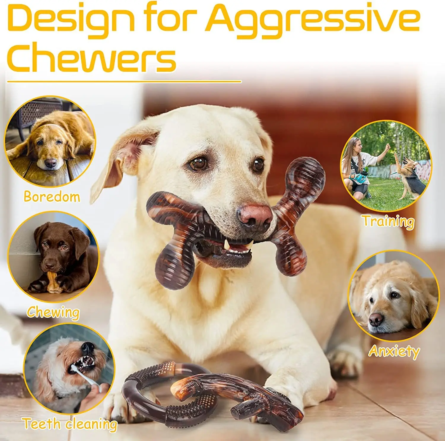 3 Pack Indestructible Dog Chew Toys for Aggressive Chewers, Durable Tough Nylon Real Bacon Flavor Teething Chew Toys