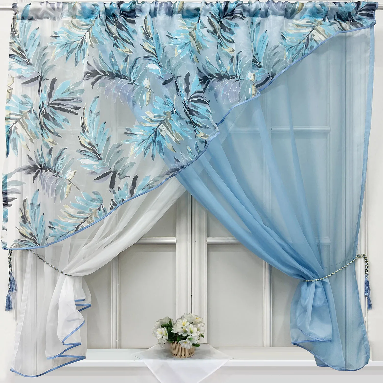 Blue Leaf Print 2Pcs Crossed Curtains with Triangular Valance Tulle Short Curtains Two Colors Voile Farmhouse Window Drapes